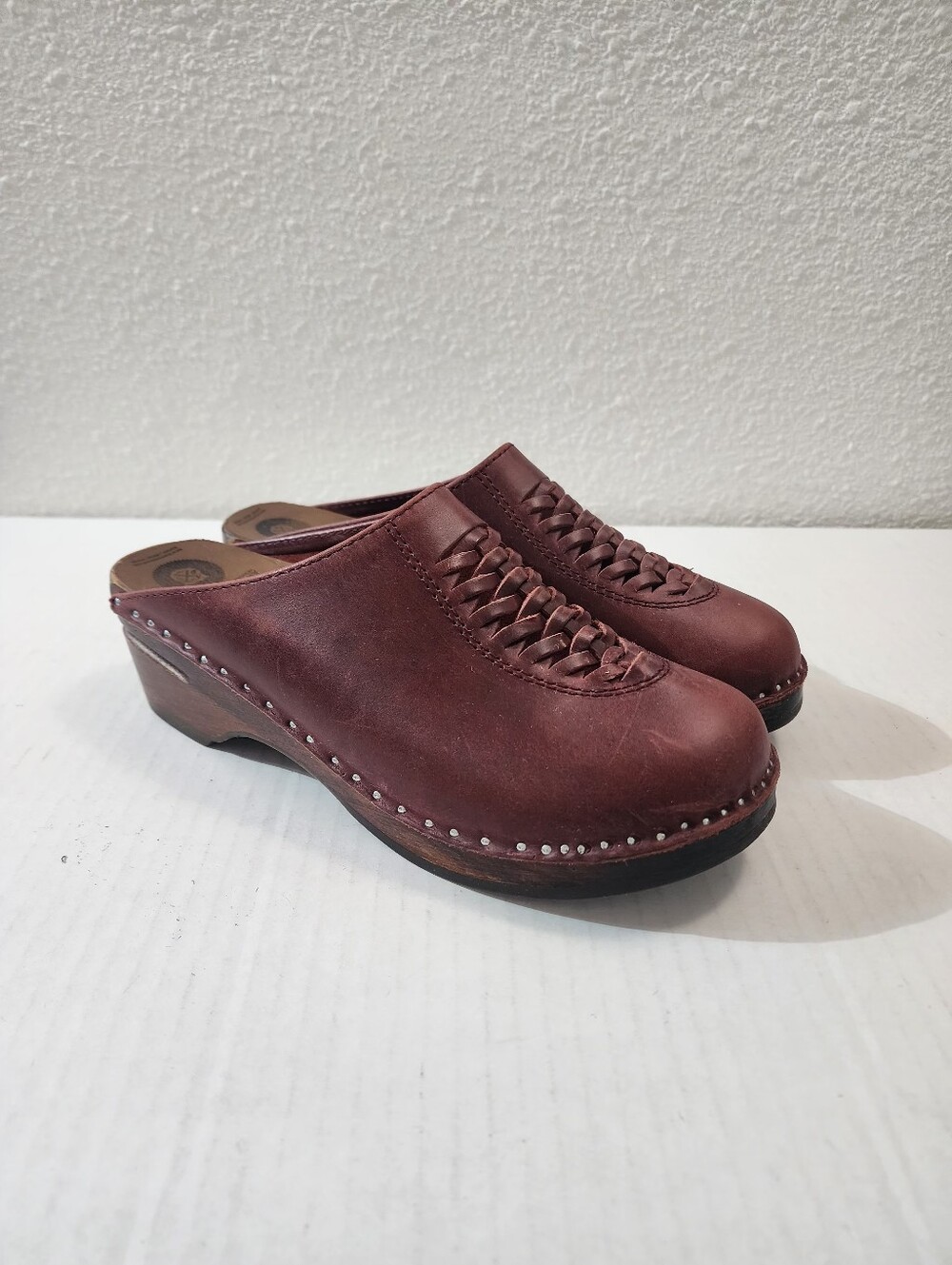 Troentorp Sweden Leather Braided Clogs Mules Brown Comfort Slip On Wood  Size 9
